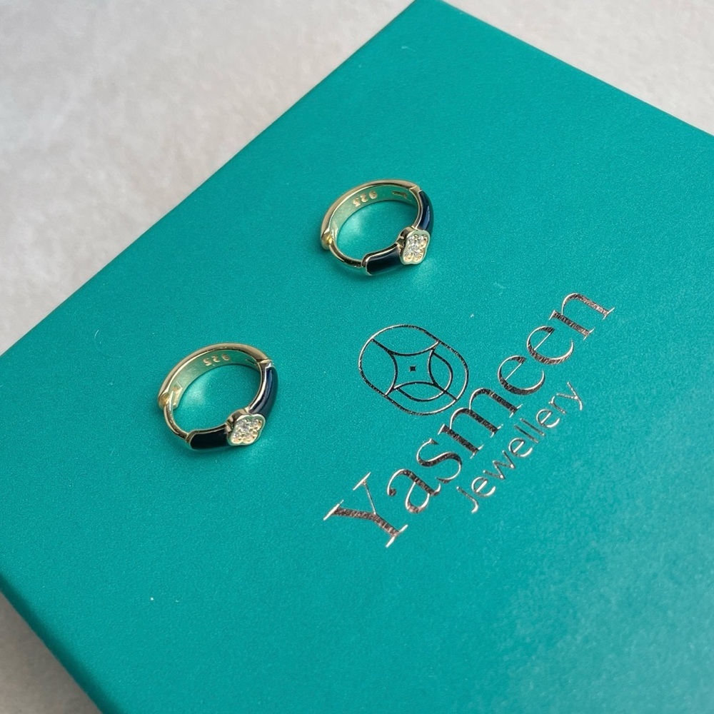 Vermeil Black Enamel Clover Earrings - Picture 6 of 7